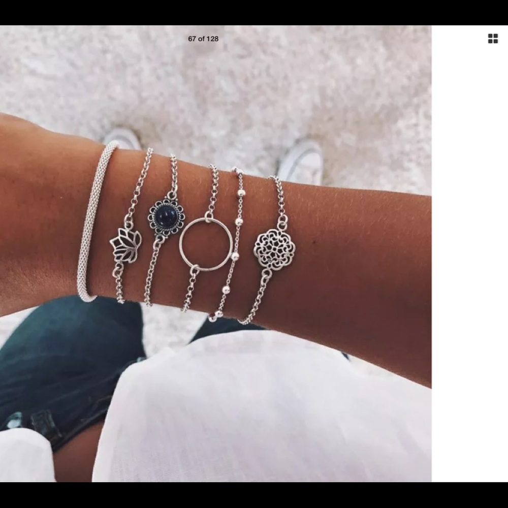 6 Piece Layered Bracelet Set, Silver Tone